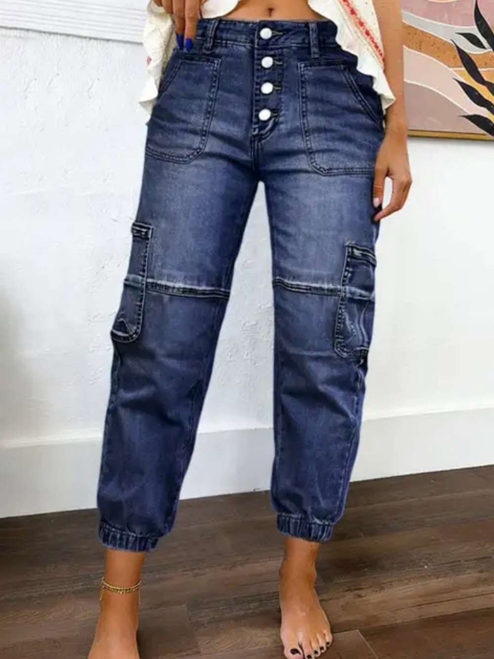 NWT Flamingals Button Fly Dark Wash Cargo Denim Stretch Jeans